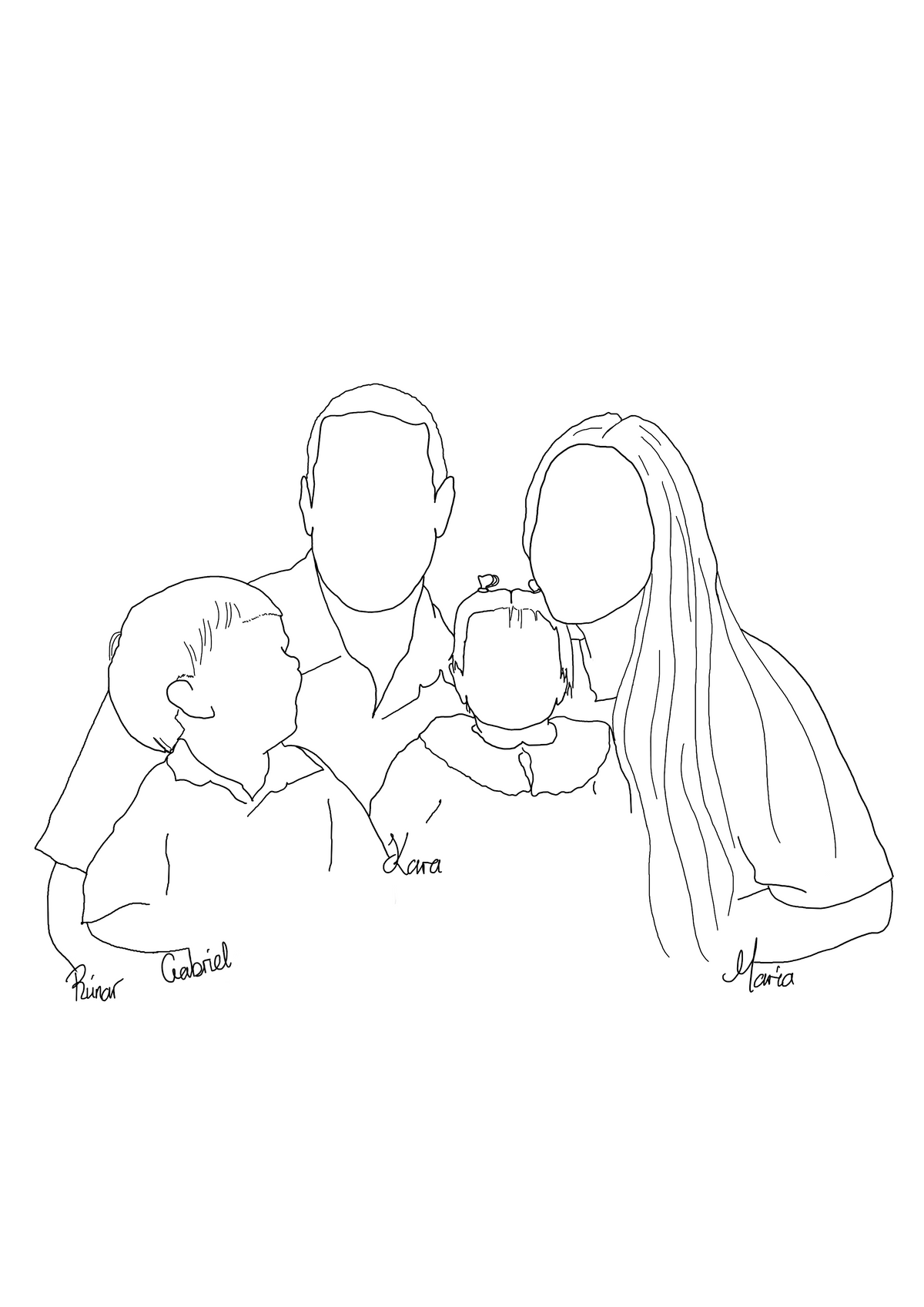 A minimalist black line art illustration of a family of four, with handwritten names written near each figure on a plain white background.