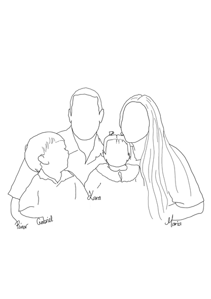 A minimalist black line art illustration of a family of four, with handwritten names written near each figure on a plain white background.