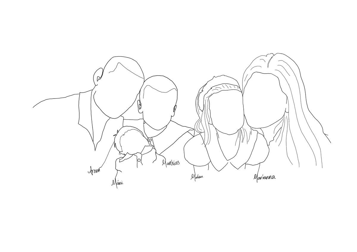 A minimalist black line art illustration of a family of five, including a baby, on a solid white background.