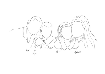 A minimalist black line art illustration of a family of five, including a baby, on a solid white background.